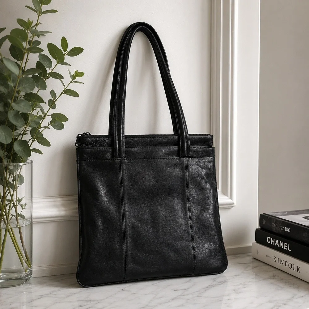 Derek Alexander Tote Purse Women Sleek Black Slim 90s Leather Shoulder Bag Roomy
